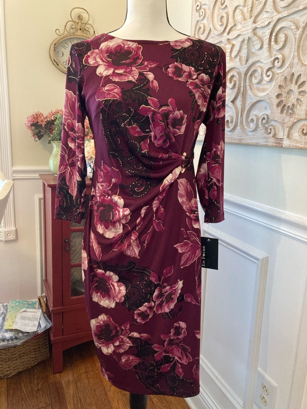 Enfocus Studio Wine Floral Midi Dress with Pink Roses